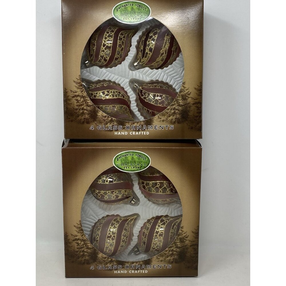 Set 8 Vintage Enchanted Forest Pink Gold Mauve Glass Teardrop Ornaments 3” W Box